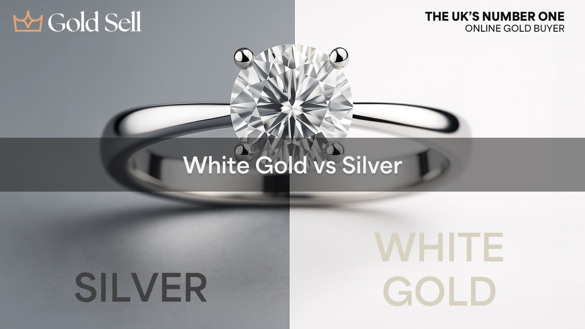 White gold vs silver comparison image showing a split engagement ring design with silver on the left and rhodium-plated white gold on the right.