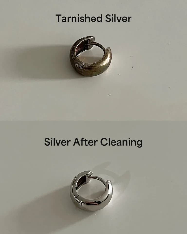 Before-and-after image showing silver tarnish cleaning — a silver hoop earring visibly dark and discoloured in the top frame, restored to a shiny, polished finish in the bottom frame.
