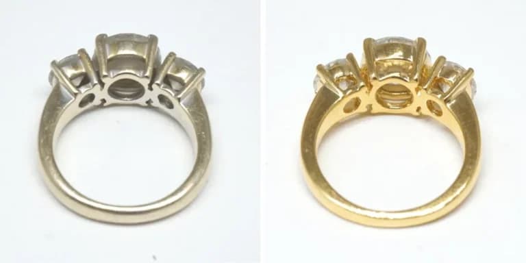 Side-by-side image of a ring before and after gold replating.