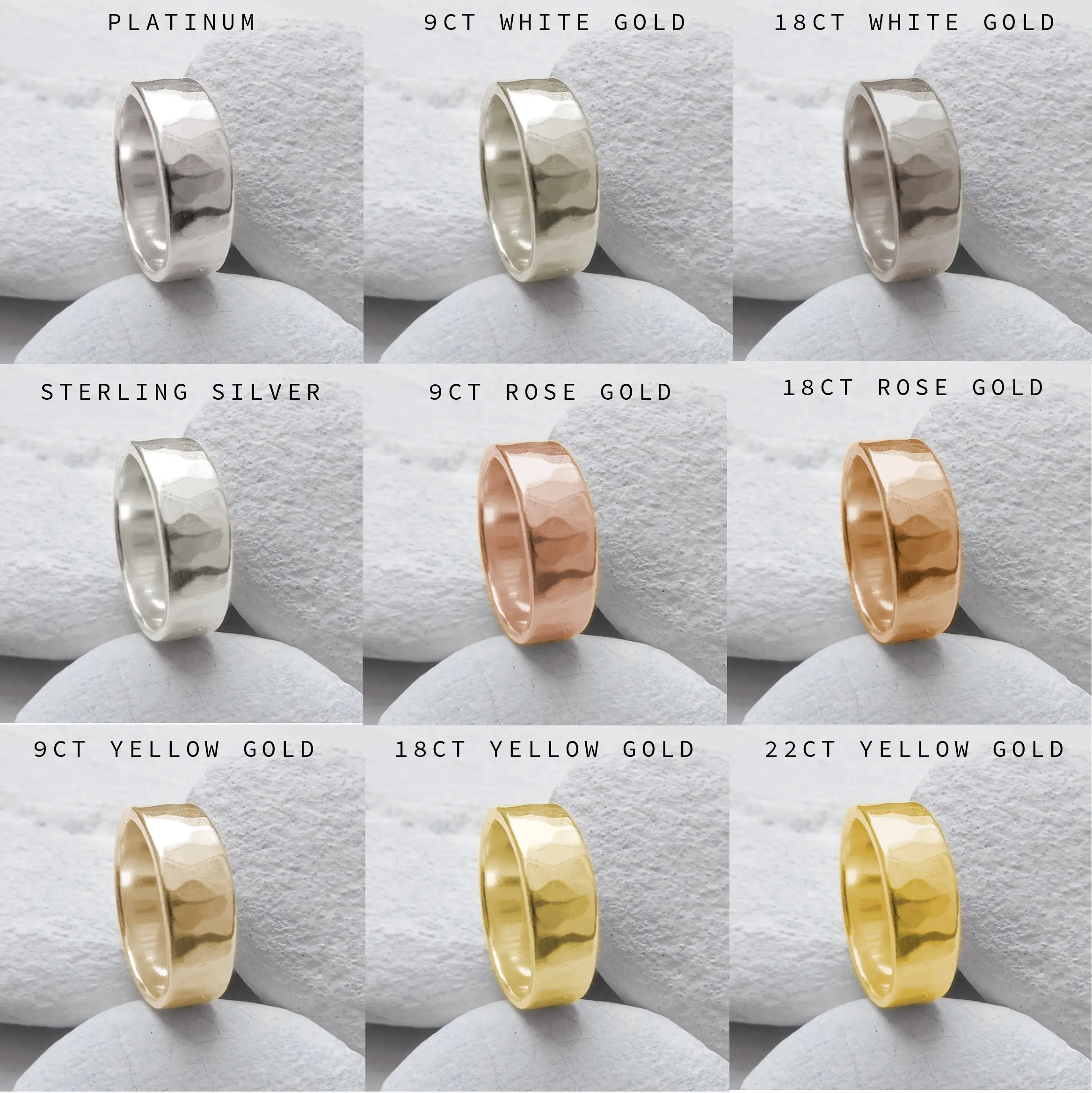Comparison image showing 9ct vs 18ct gold in white, rose, and yellow tones, alongside platinum and silver, to illustrate gold colour by purity.