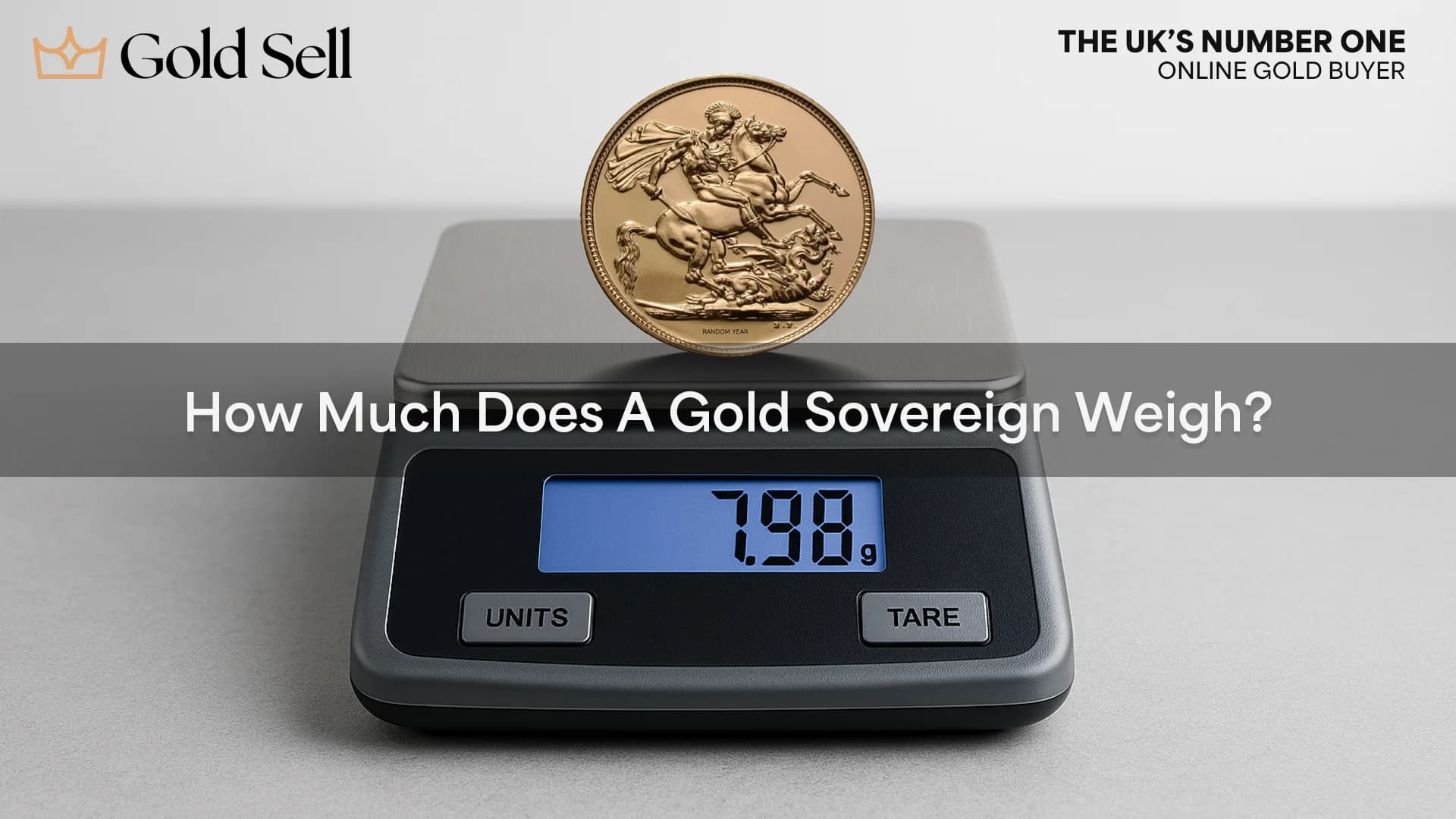 Digital scale displaying gold sovereign weight of 7.98 grams with a Sovereign coin on top.
