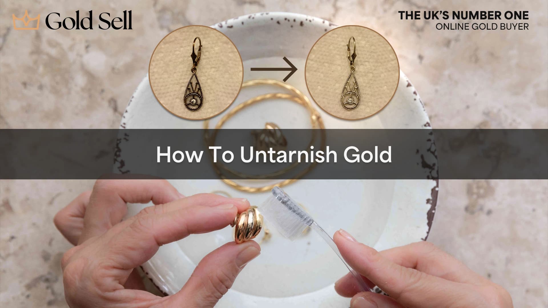 Hands using a toothbrush to remove tarnish from gold, illustrating how to clean gold at home safely and effectively.