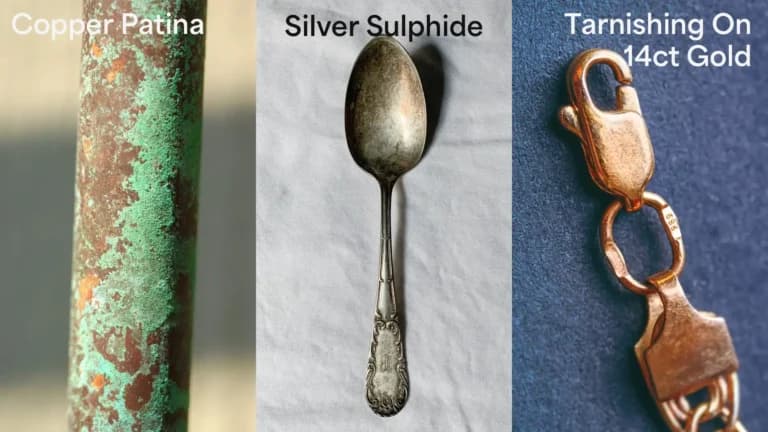 Comparison of copper patina, tarnish on silver, and tarnish on gold showing how different metals corrode, including tarnish on 14ct gold jewellery.