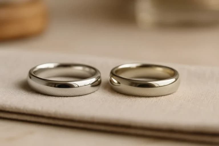Side-by-side comparison of sterling silver vs white gold rings, highlighting the cooler tone of silver and the subtle creamy hue of unplated white gold.