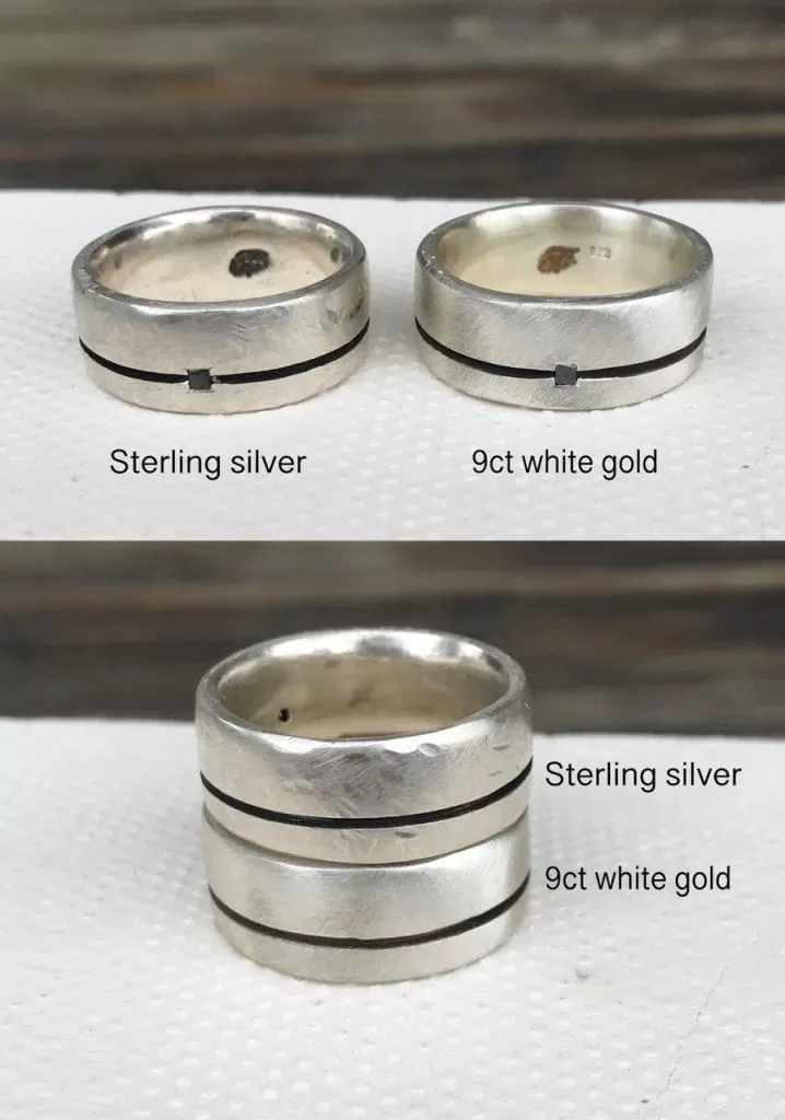 White gold and silver side by side – comparison of 9ct white gold and sterling silver rings showing subtle differences in colour and finish.