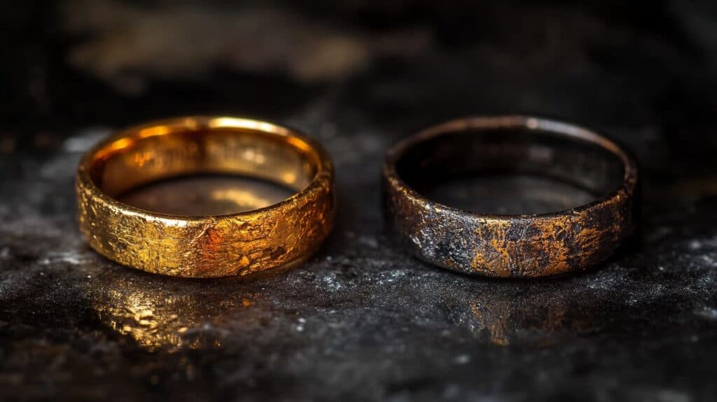 Side-by-side comparison of a clean gold ring and a heavily darkened ring showing silver sulphide tarnish on gold alloy.