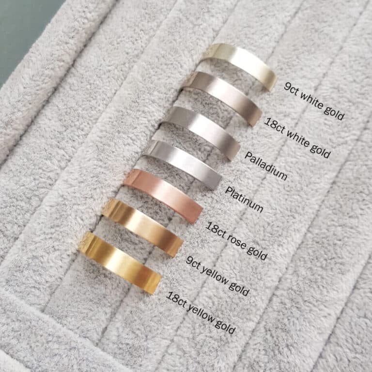 Gold colour by purity and types of gold rings compared side-by-side, including 9ct vs 18ct yellow, white, and rose gold, alongside palladium and platinum tones.