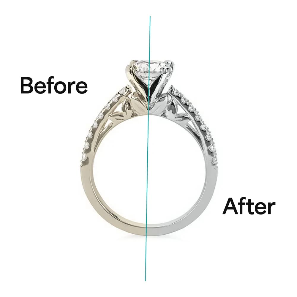 White gold rhodium plating before and after — side-by-side image showing how rhodium restores brightness to worn white gold.