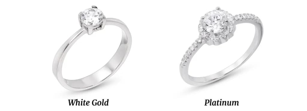Side-by-side comparison of a platinum ring (right) and a white gold ring (left). Both rings have a similar silvery appearance, but the platinum ring has a faint greyish tone while the white gold ring appears bright white due to rhodium plating. The difference is subtle and usually hard to spot with the naked eye.