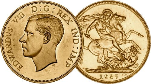 Rare 1937 Edward VIII gold Sovereign coin featuring the king’s portrait and St George and the dragon reverse.