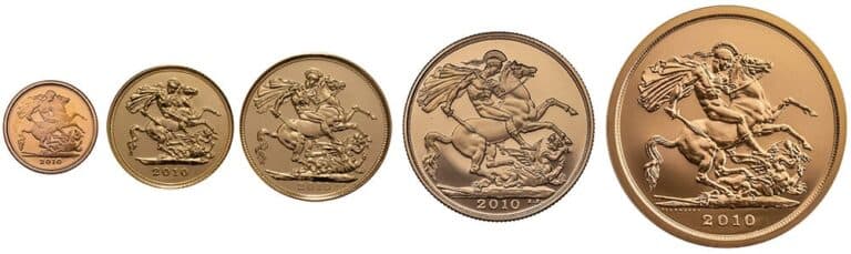 Five types of gold Sovereign coins showing different gold Sovereign sizes, from quarter to quintuple denominations, highlighting variations in weight and diameter.