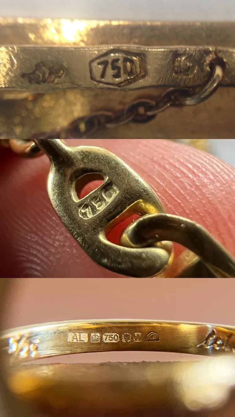 Close-up images of 18ct gold hallmark stamps showing the 750 hallmark on gold jewellery pieces, including rings and chains.