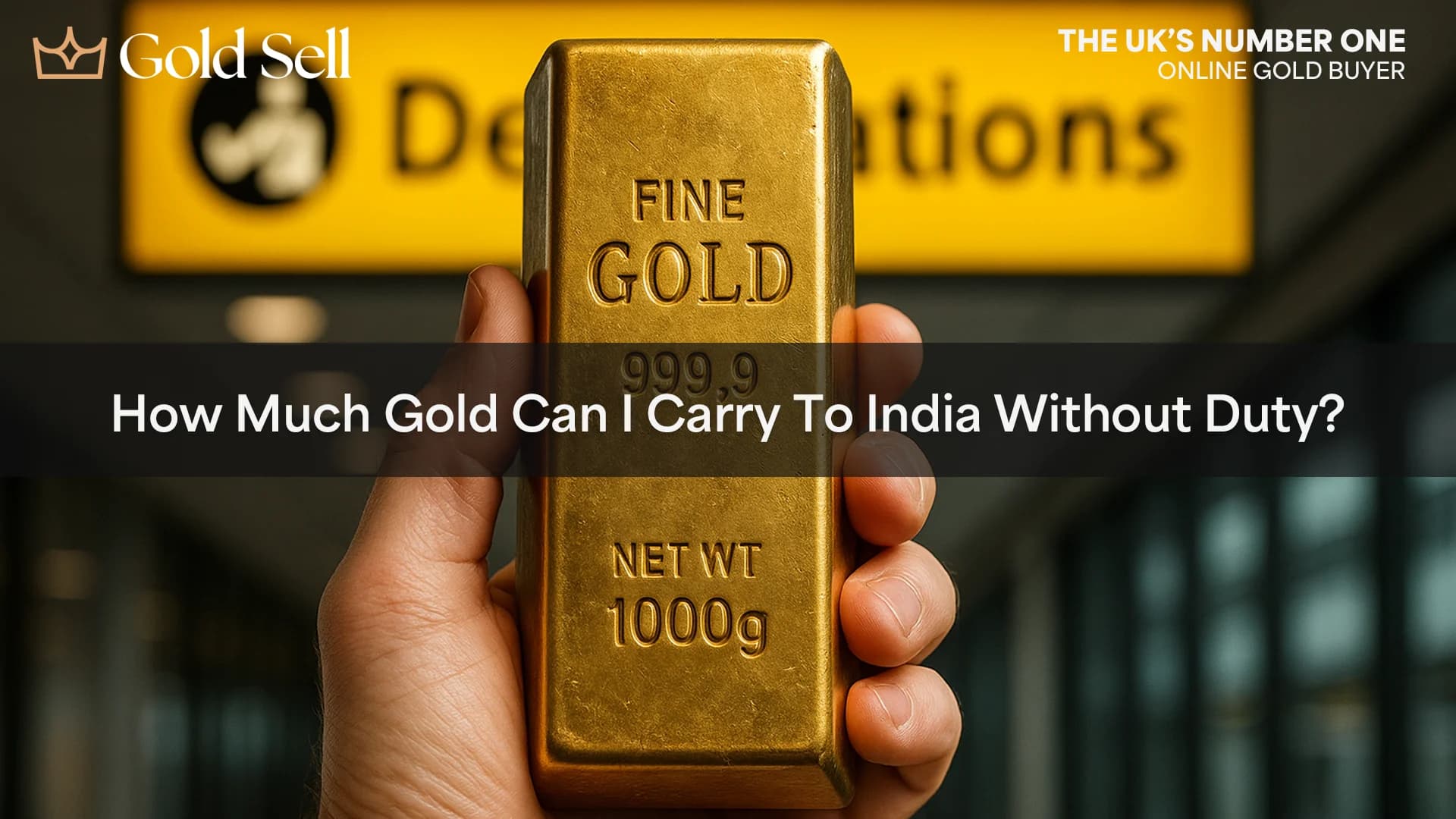 A realistic gold bar held up at an airport terminal with a yellow "Declarations" sign in the background, symbolising customs checks and the question: "How Much Gold Can I Carry To India Without Duty?"