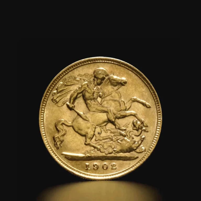 1902 gold sovereign coin featuring St George slaying the dragon on the reverse.
