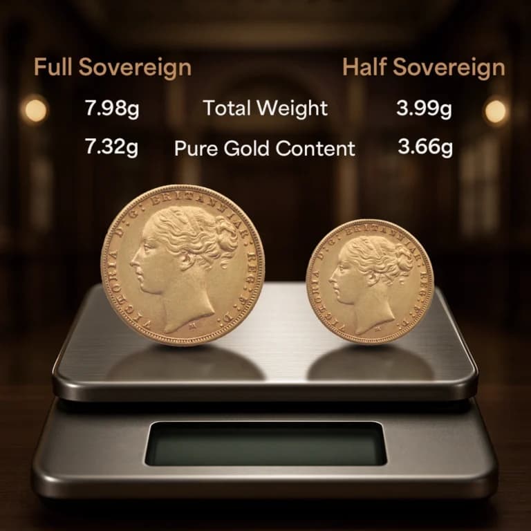 Full sovereign vs half sovereign weight comparison showing total weight and pure gold content for each coin on a digital scale.