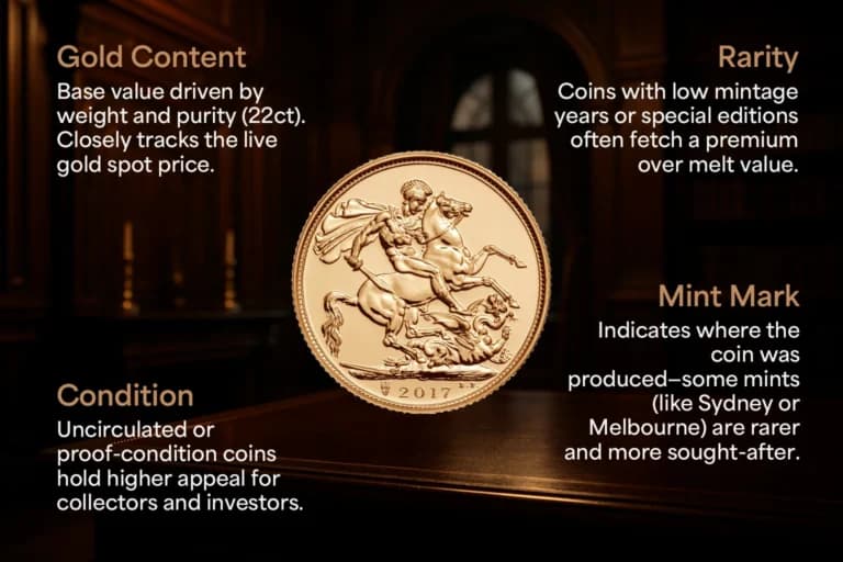 Factors that influence how much a gold Sovereign is worth, showing the four key drivers of gold Sovereign value: content, rarity, mint mark, and condition.