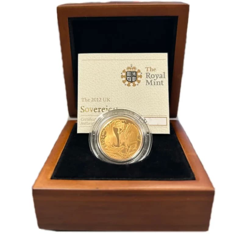 Gold proof Sovereign coin in presentation box with Royal Mint certificate.