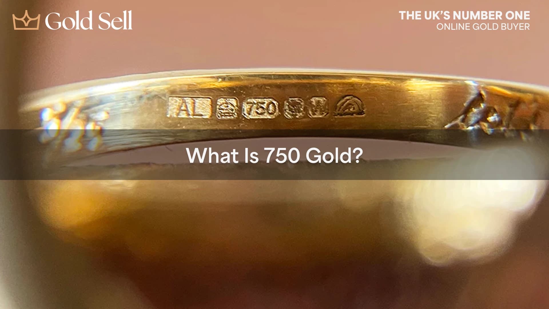 Close-up image of a gold ring stamped with 750 on gold, clearly showing an 18ct gold hallmark to indicate 75% gold purity.