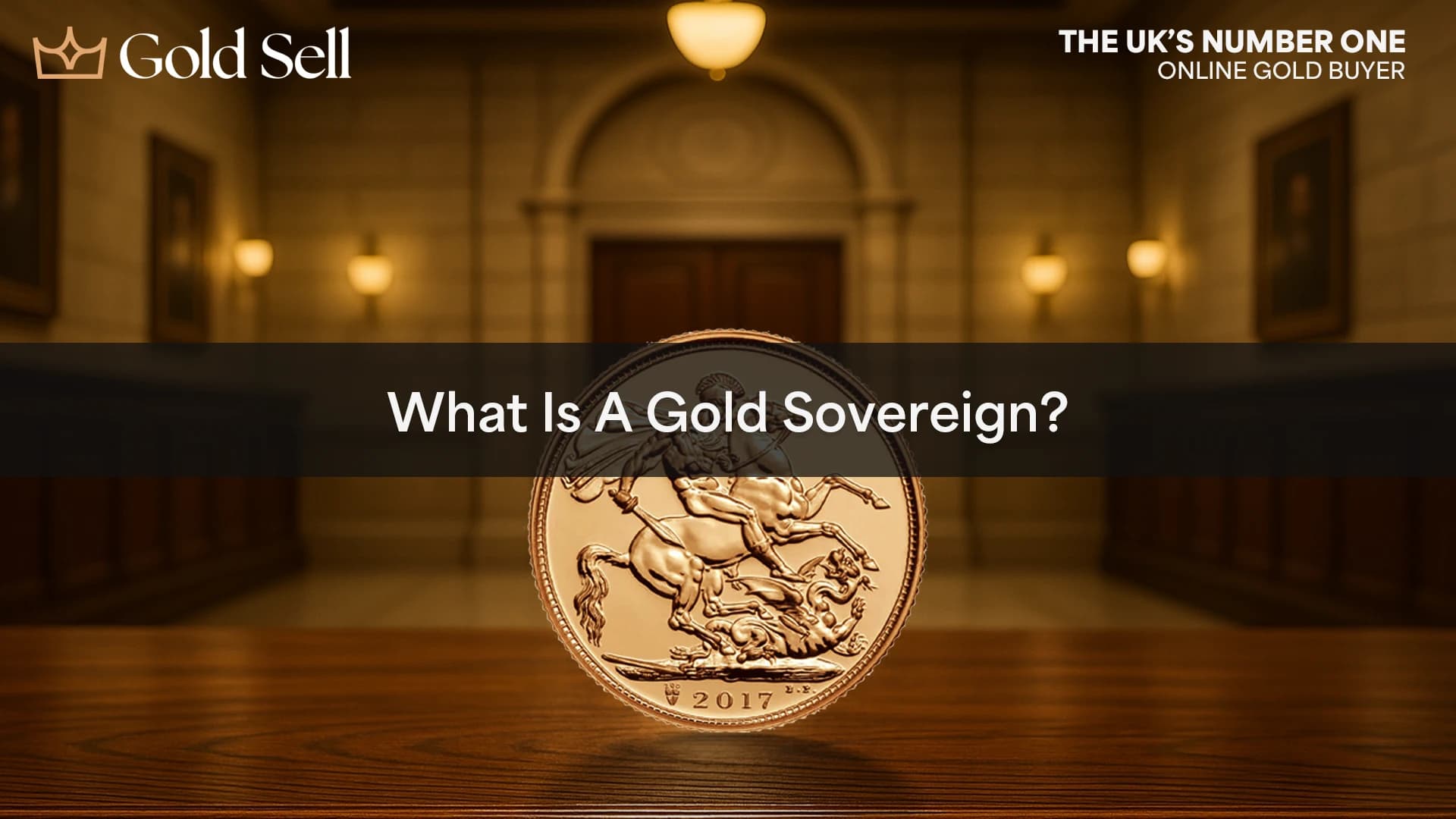 A gold Sovereign coin displayed on a polished wooden surface in an elegant setting, representing the prestigious and historic nature of gold Sovereign coins in the UK.