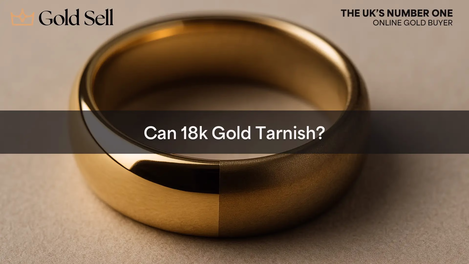 Macro photo of an 18k gold ring showing polished and tarnished halves to illustrate the question can 18k gold tarnish.