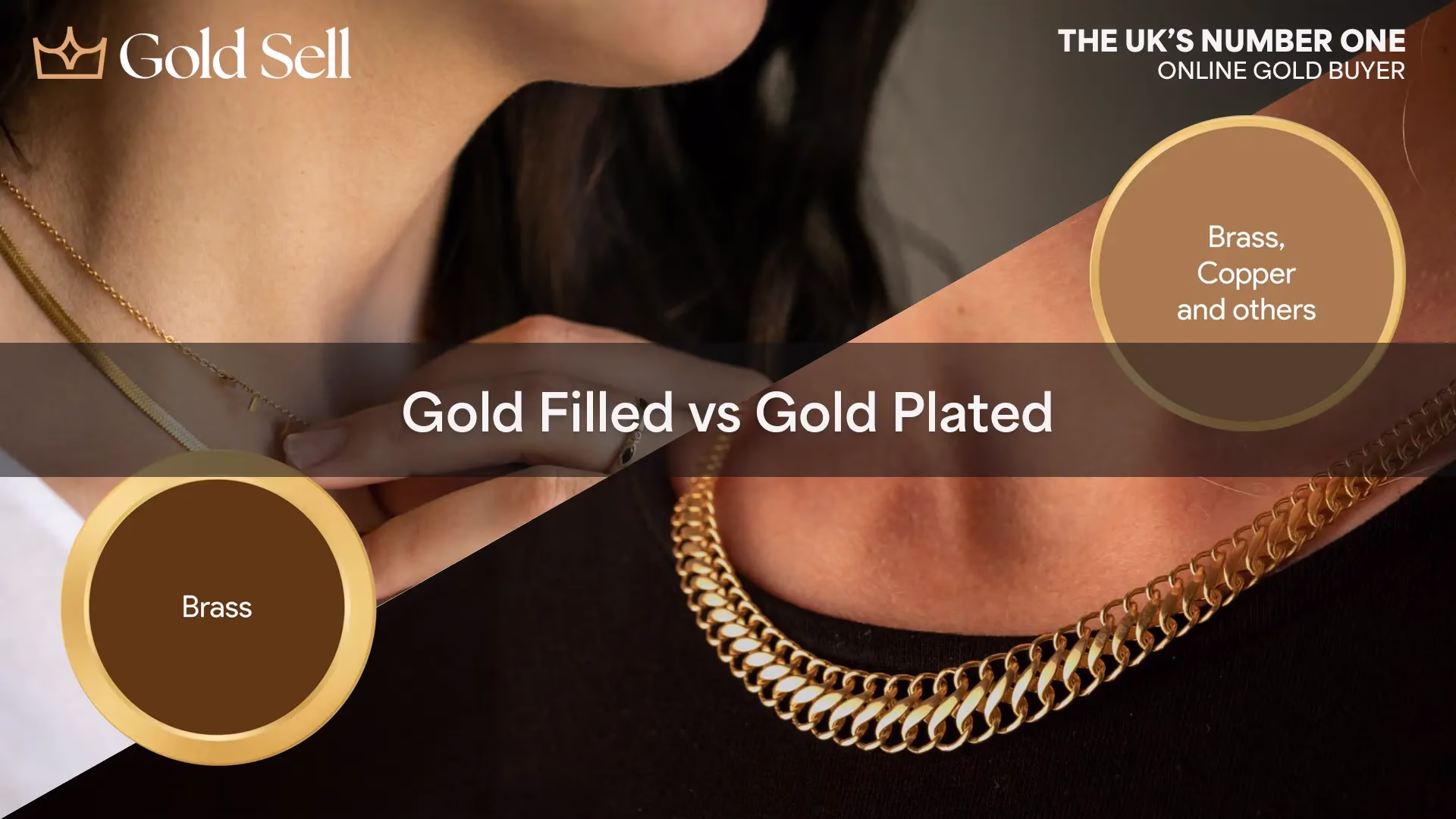 Close-up comparison showing gold filled vs gold plated jewellery, with gold filled made from a brass core and thick gold layer, and gold plated featuring thinner gold over metals like brass or copper.
