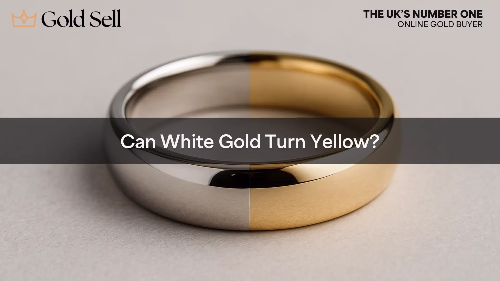 Close-up of a gold ring divided into white and yellow halves, visually illustrating the concept of white gold turning yellow.