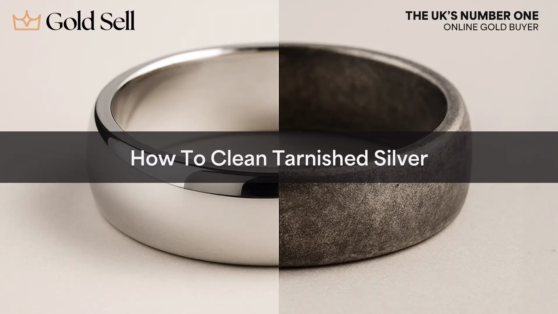 Split image showing tarnish on silver versus a polished ring, illustrating how to clean tarnished silver.