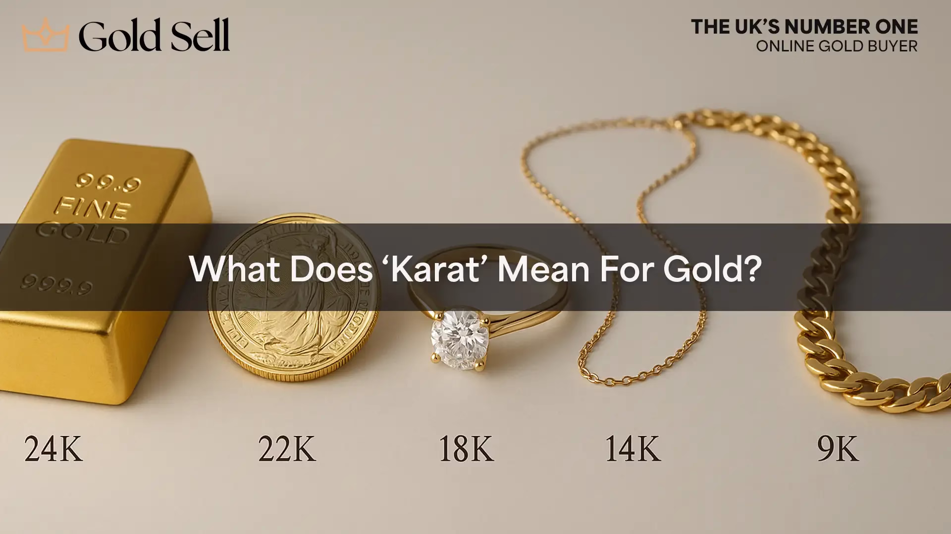 “What does karat mean for gold? Visual comparison of 24K, 22K, 18K, 14K, and 9K gold items showing differences in purity and colour.
