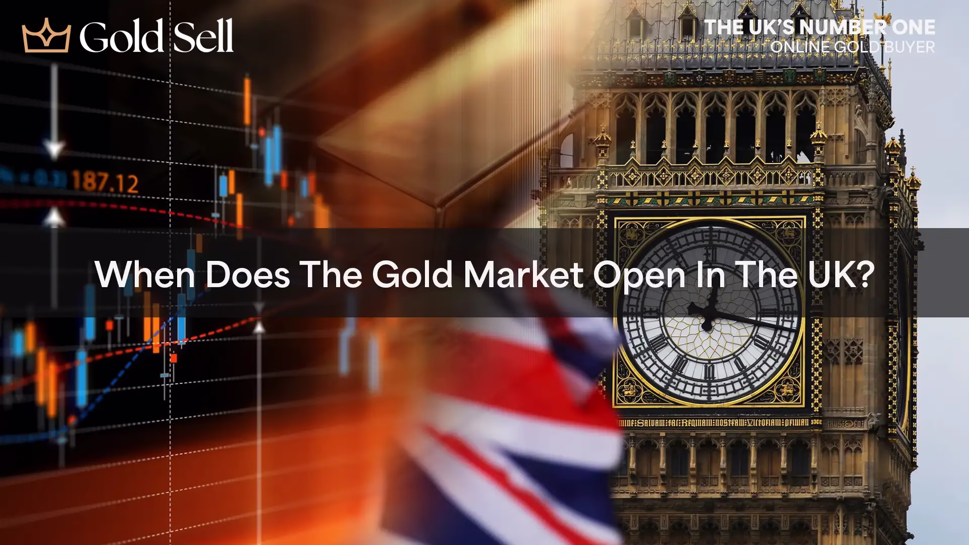 Big Ben and financial trading chart representing when does the gold market open UK, symbolising UK gold trading hours and market activity.