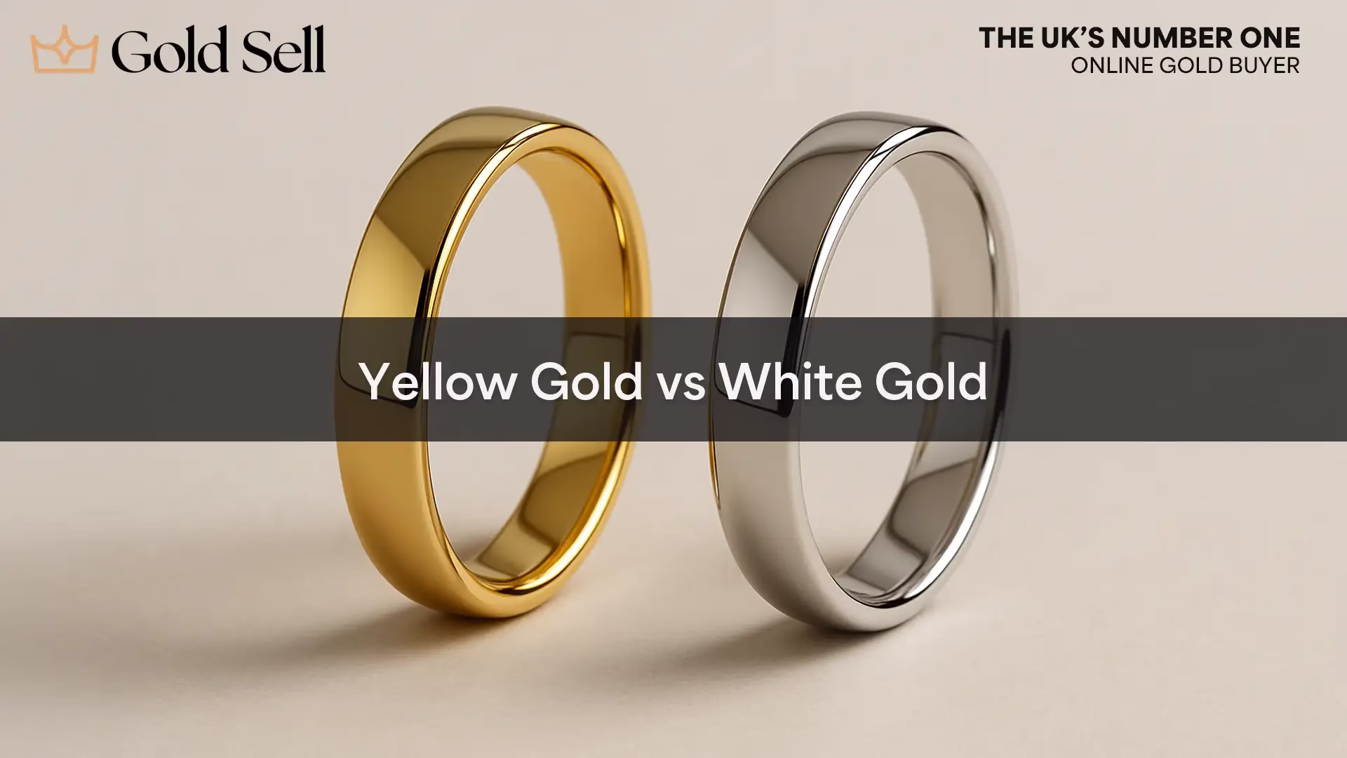 A yellow gold and a white gold ring side by side showing the differences between white gold vs yellow gold.