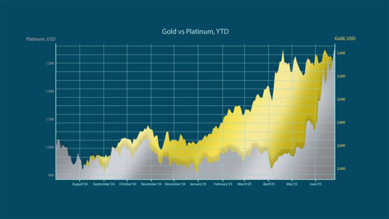 Chart comparing platinum vs gold price movements year-to-date, highlighting the value gap between both metals.