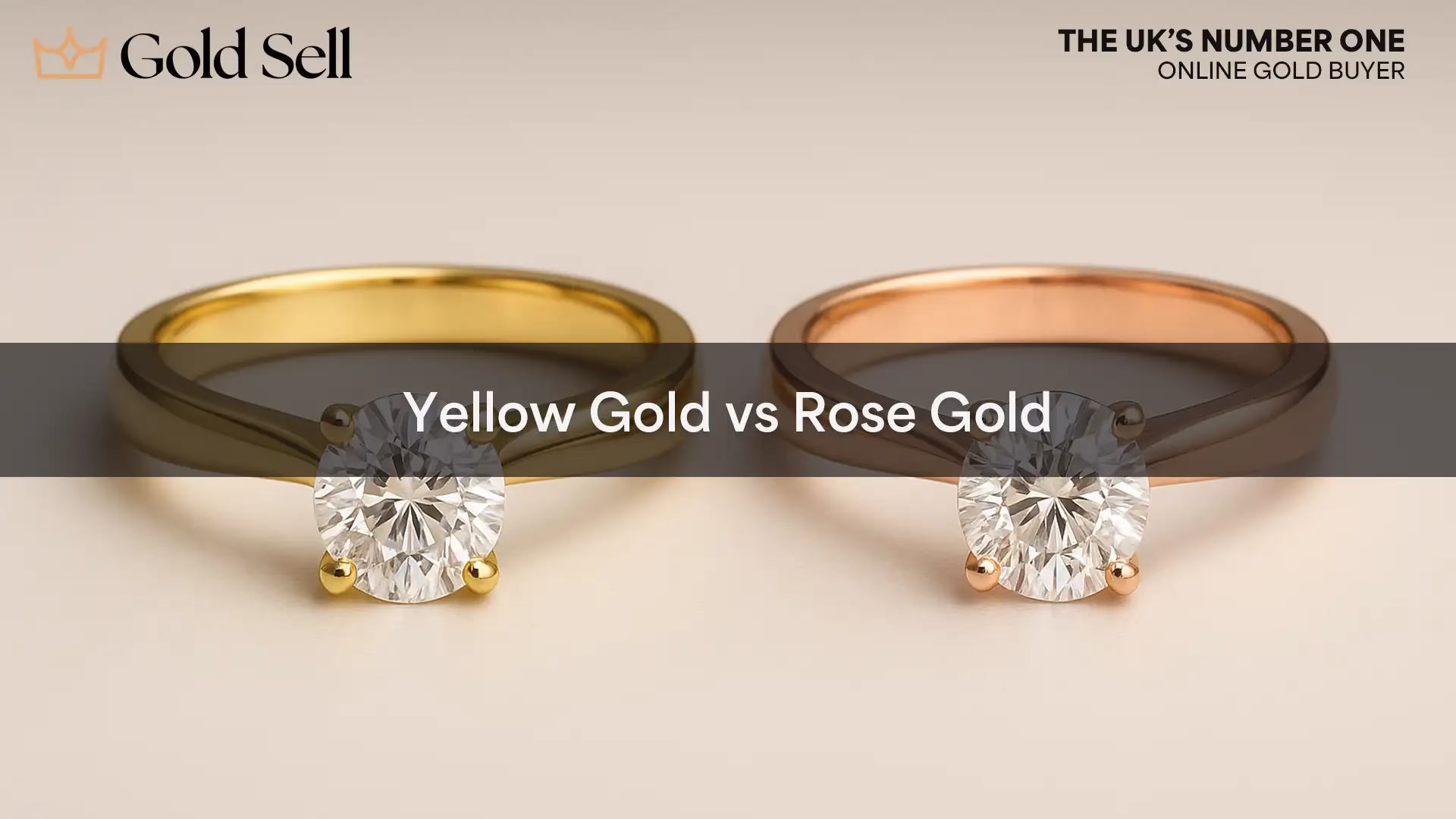 Yellow gold vs rose gold engagement rings shown side by side for a clear comparison of colour and metal tone.